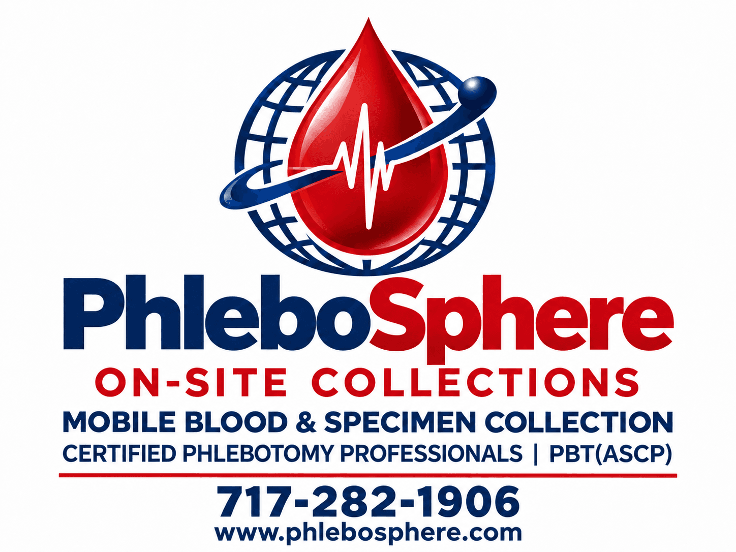 Official PhleboSphere logo for Mobile Blood & Specimen Collection, with the company name and red and navy blood-drop globe mark.