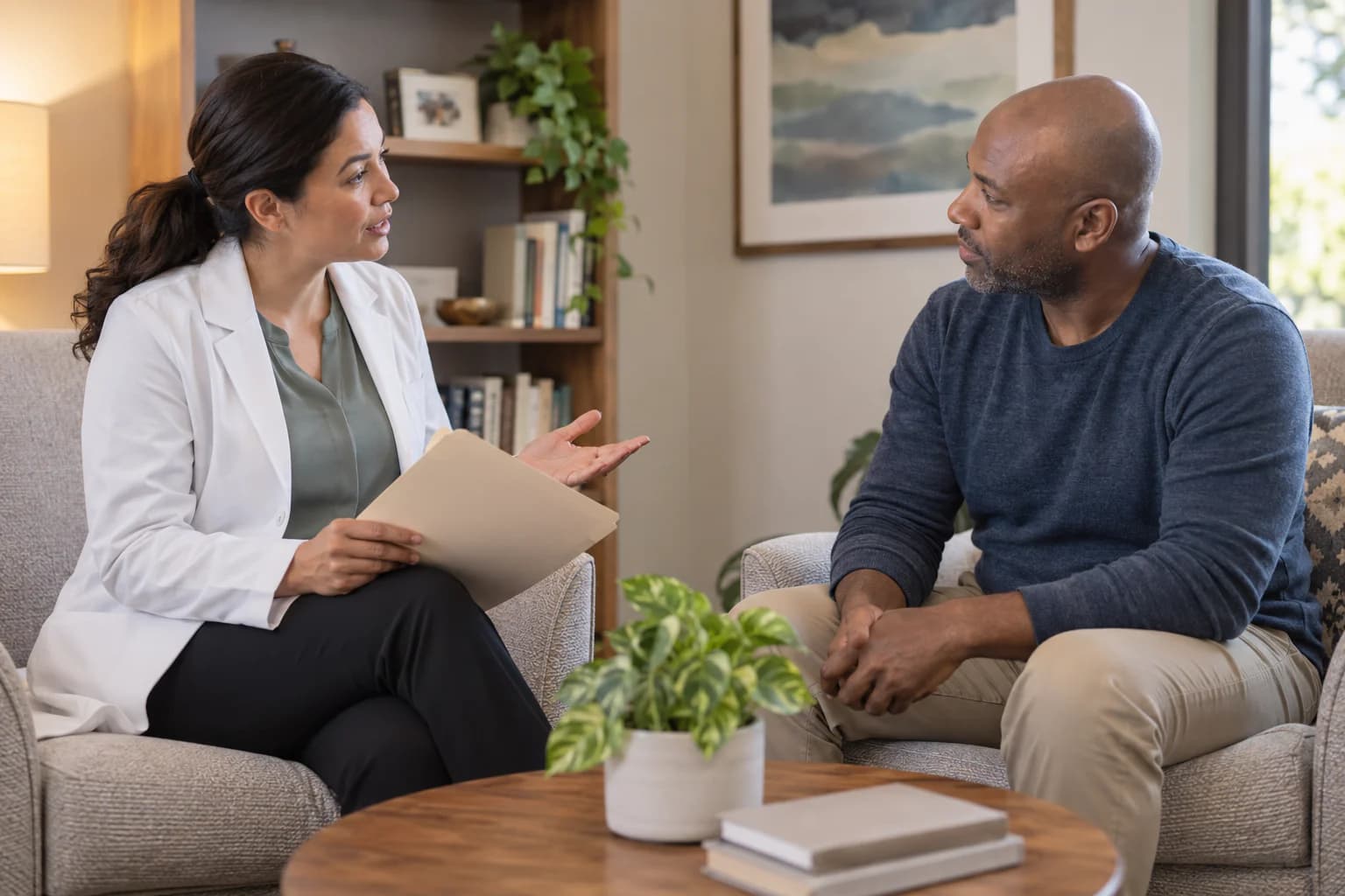 A healthcare professional speaks with a client about results that come from a laboratory.
