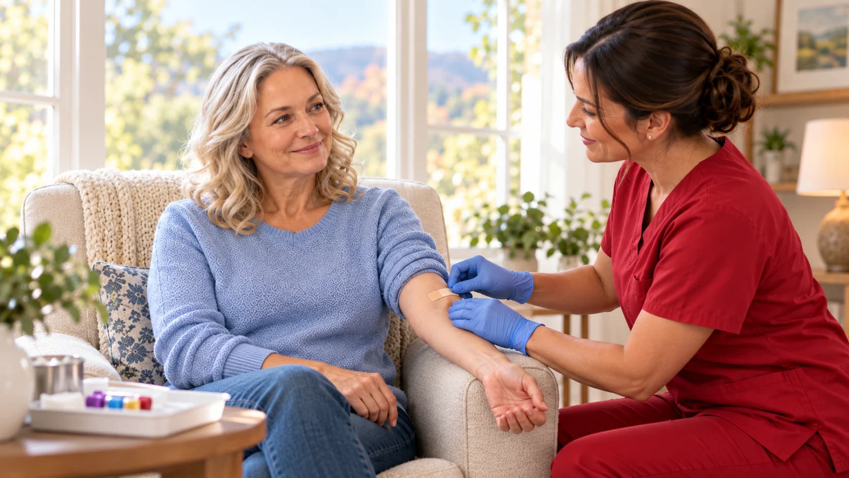 A phlebotomist in red scrubs carefully collects a blood sample from a seated client.