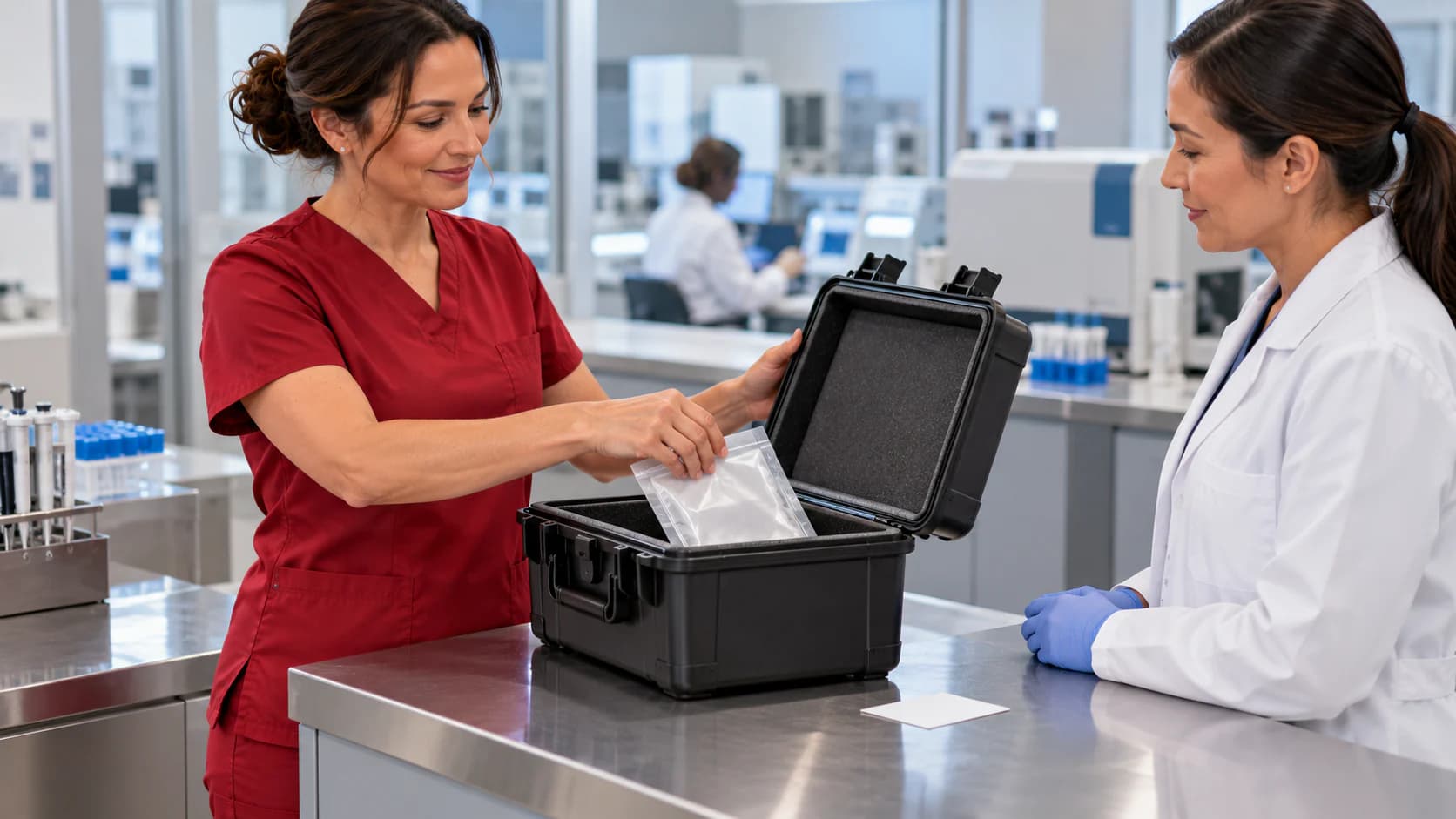 A phlebotomist and laboratory professional handle the secure specimen handoff.