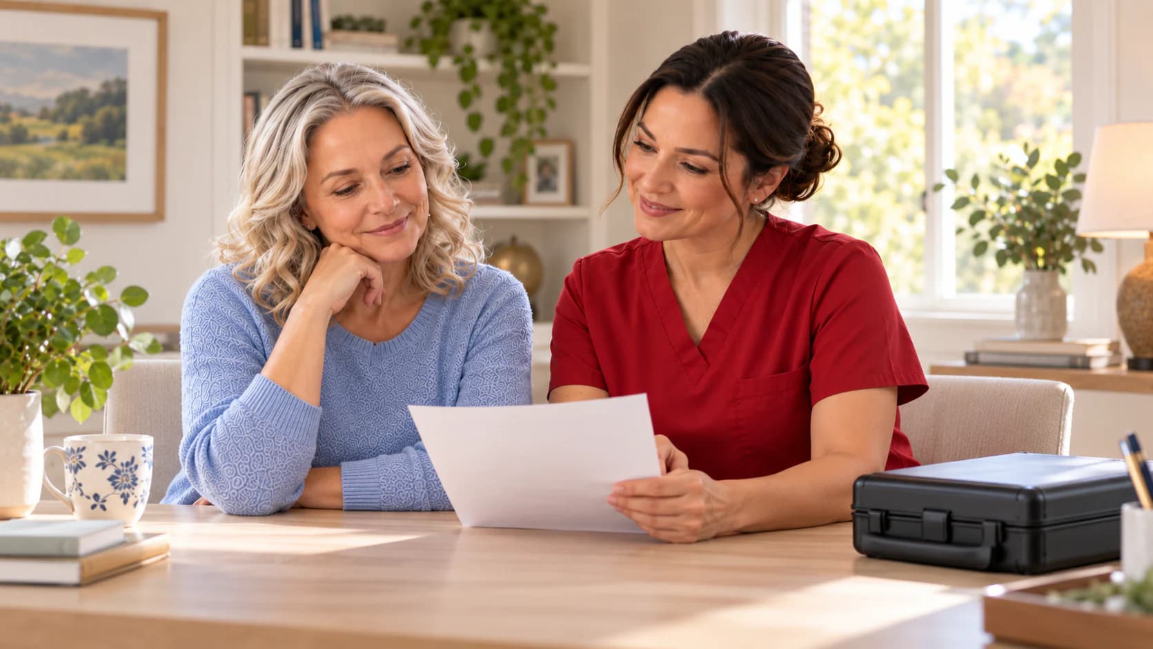 A phlebotomist and client review visit information together before a collection.