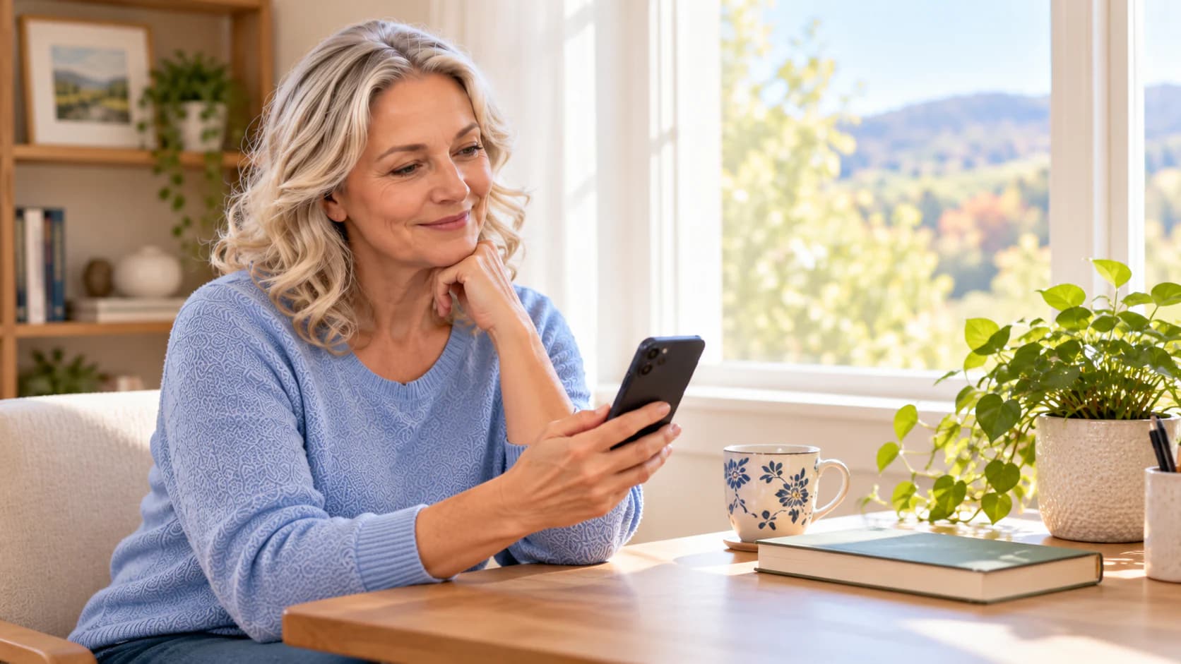 A person uses a phone to share interest in a mobile blood collection visit.